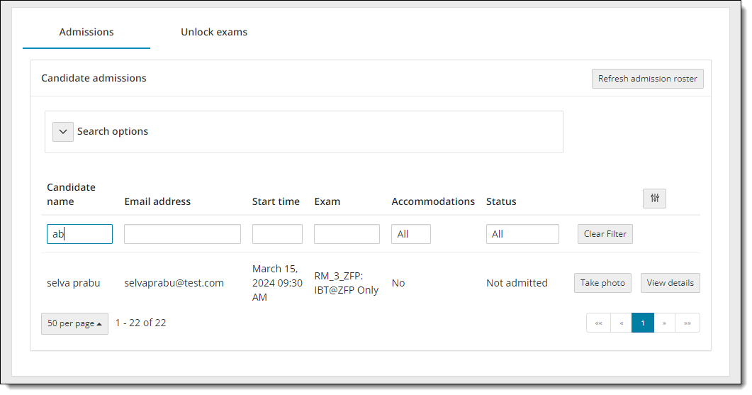 Admissions list filtered by the Candidate name field.